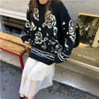 Rose Print Knit Sweater Black - One Size