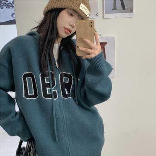 Number Print Hooded Zip Cardigan