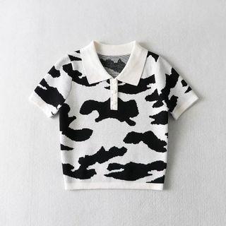 Cow Print Knit Cropped Polo Shirt