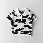 Cow Print Knit Cropped Polo Shirt