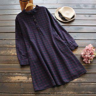 Plaid Long-sleeve A-line Dress Dark Blue - One Size