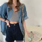 Short-sleeve Denim Loose-fit Shirt Blue - One Size