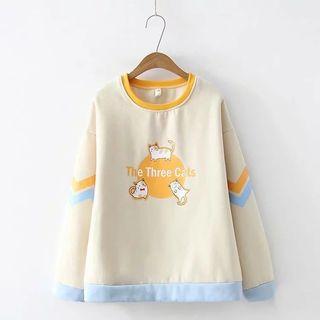 Cat Print Color Block Sweatshirt As Shown In Figure - One Size