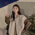 Heart Embroidered Baseball Jacket Light Khaki & Coffee - One Size
