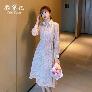 Collared Floral Long-sleeve Midi A-line Dress