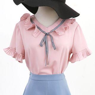 Short-sleeve Frill Trim V-neck Blouse