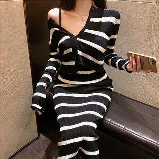 Spaghetti Strap Striped Ribbed Midi Bodycon Dress / Long Sleeve Crop Cardigan