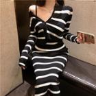 Spaghetti Strap Striped Ribbed Midi Bodycon Dress / Long Sleeve Crop Cardigan