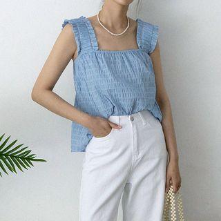 Frilled-strap Smocked Flared Top