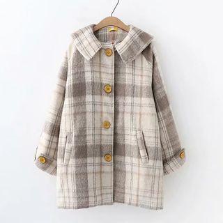 Plaid Buttoned Coat Khaki - One Size
