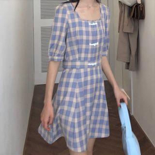 Short-sleeve Plaid Mini A-line Dress Plaid - Purplish Blue & Almond - One Size
