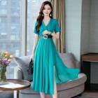 Short-sleeve Midi A-line Chiffon Dress With Belt