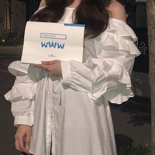 Long-sleeve Cold Shoulder Ruffled Shirt White - One Size