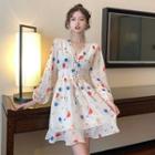 Puff-sleeve V-neck Floral Print Drawstring Dress