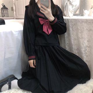Set: Long-sleeve Sailor Collar Top + Maxi Pleated Skirt Set - One Size