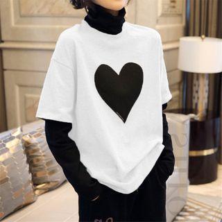 Turtleneck Mock Two-piece Heart Print T-shirt