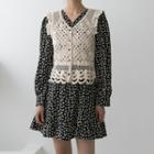 Sleeveless Lace-trim Crochet Cardigan Light Beige - One Size