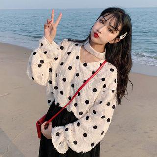 Polka Dot Choker-neck Blouse As Shown In Figure - One Size