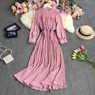 Long-sleeve Shirred Panel Midi A-line Dress