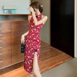 Halter Crane Print Midi Sheath Dress