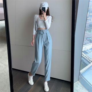 Belted Straight Leg Dress Pants