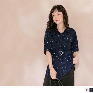 Elbow Sleeve Dotted Asymmetrical Hem Tunic Shirt