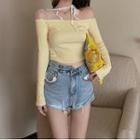 Long-sleeve Lace Panel T-shirt Yellow - One Size