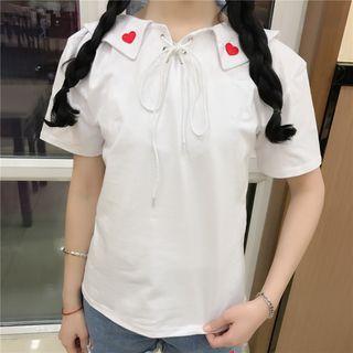 Short-sleeve Heart Embroidered Collar T-shirt