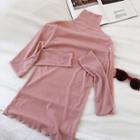 Plain Turtle-neck Mesh Lace Long-sleeve Top