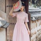 Traditional Chinese Short-sleeve Embroidered Chiffon A-line Midi Dress