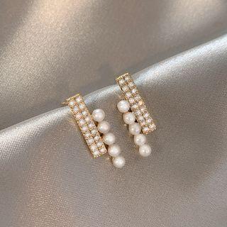 Rhinestone Bar& Faux Pearl Stud Earring 1 Pair - Gold - One Size