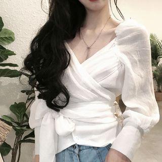 Long Sleeve V-neck Tie-waist Blouse White - One Size