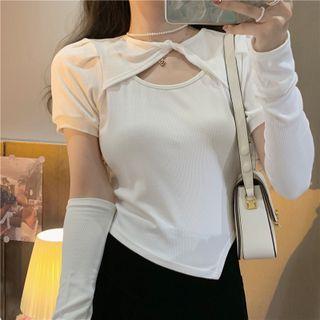 Set: Tank Top + Puff-sleeve Crop Top + Arm Sleeves