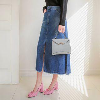 Band-waist Slit-hem Denim Skirt