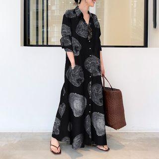 Long-sleeve Print Maxi Shirt Dress