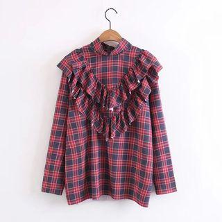 Frill Long-sleeved Gingham Top