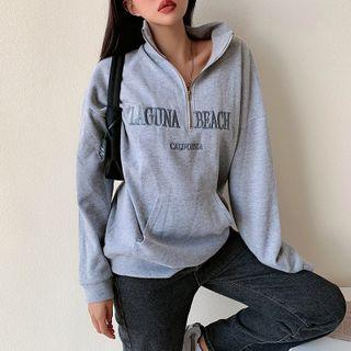 Long Sleeve Letter Embroidered Half Zip Sweatshirt