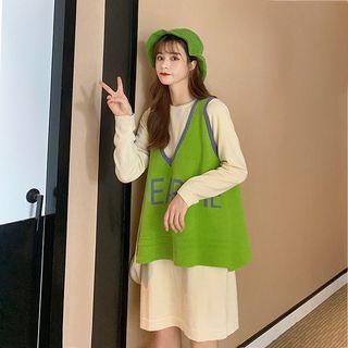 Plain Long-sleeve T-shirt Dress / Contrast Trim Knit Vest