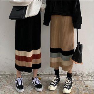 Color-panel Midi Fitted Knit Skirt