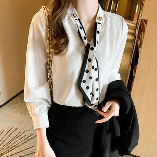 V-neck Dotted Bow Chiffon Top