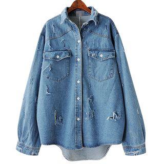 Distressed Long-sleeve Denim Blouse
