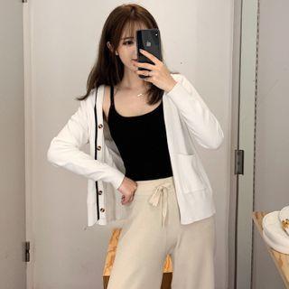 Contrast Trim Cardigan / Cropped Wide-leg Pants / Set