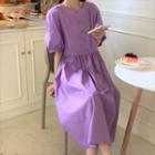 Short-sleeve Plain A-line Midi Dress Purple - One Size