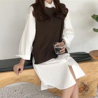 Long-sleeve Midi Shirtdress/ Knit Vest