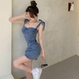 Ribbon-strap Denim Mini Dress
