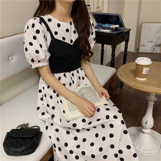 Set: Short-sleeve Dotted Midi A-line Dress + Camisole Top