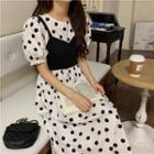Set: Short-sleeve Dotted Midi A-line Dress + Camisole Top