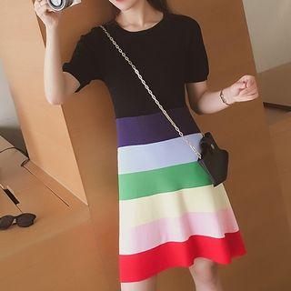 Striped Short Sleeve A-line Knit Dress