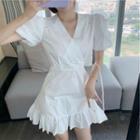 Short-sleeve V-neck Plain Ruffled Trim Mini Dress