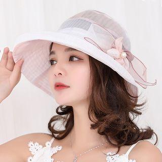 Faux Pearl Mesh Bow Wide Brim Bucket Hat